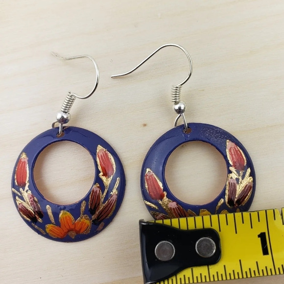 HANDMADE Dangle Earrings Mexican Copper Hand Painted Purple Floral Multicolor - Picture 3 of 5